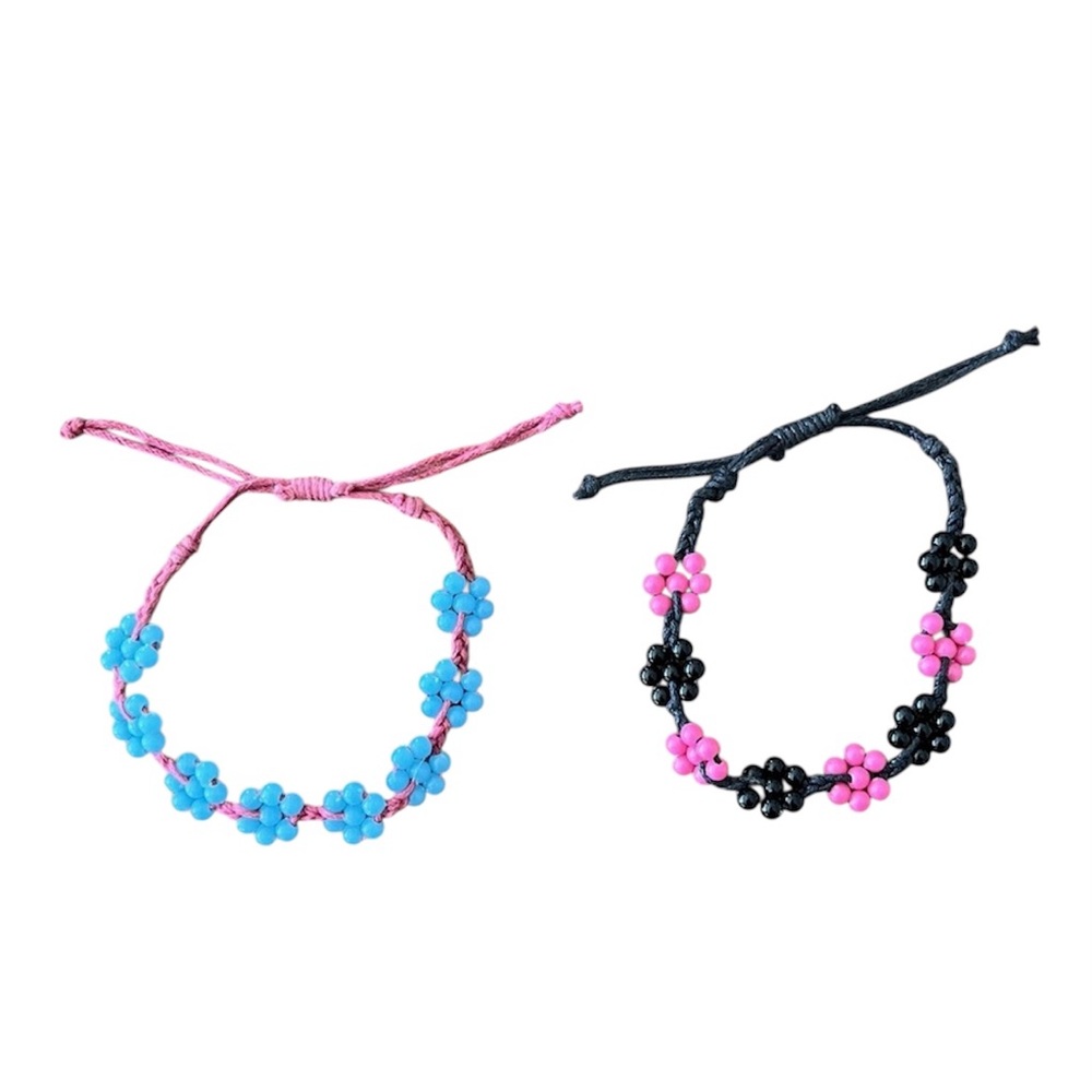 Beaded Flower Kids Bracelets Handmade Floral 2pc Adjustable Boho Pink Blue Black